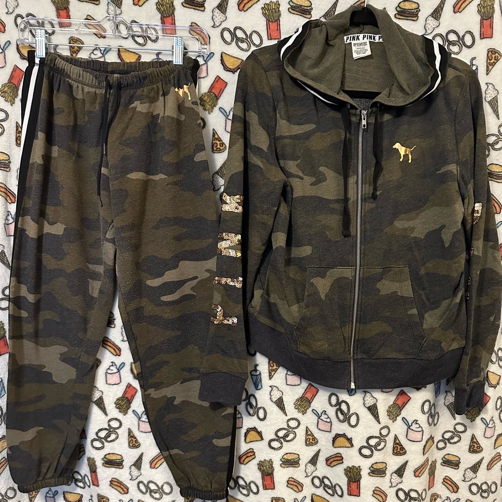 Pink brand camouflage bling sequined jogger set.